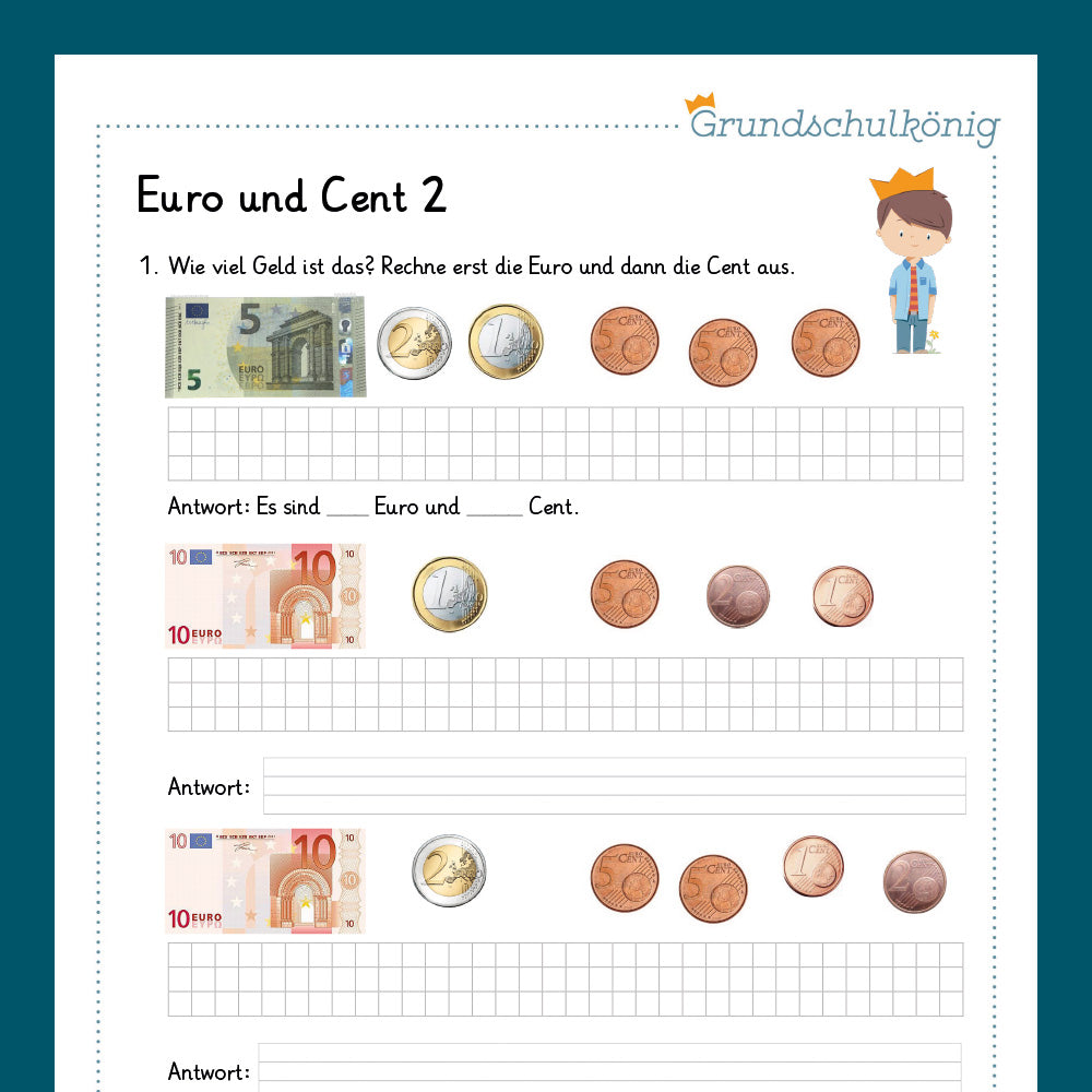 Königspaket: Rechnen mit Euro und Cent (Mathe, 1. Klasse) - inklusive Test