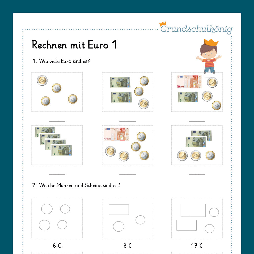 Königspaket: Euro & Cent - Rechnen mit Euro (Mathe, 1. Klasse) - inklusive Test