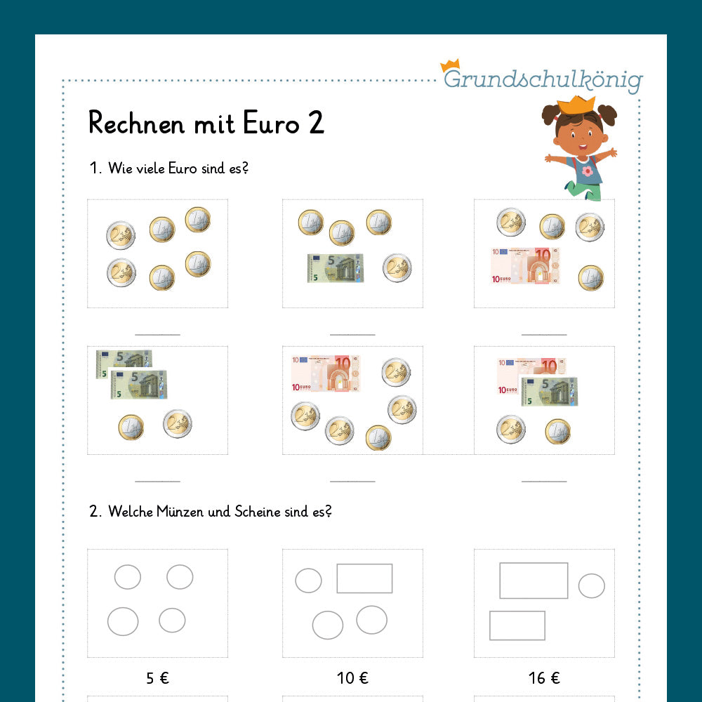 Königspaket: Euro & Cent - Rechnen mit Euro (Mathe, 1. Klasse) - inklusive Test