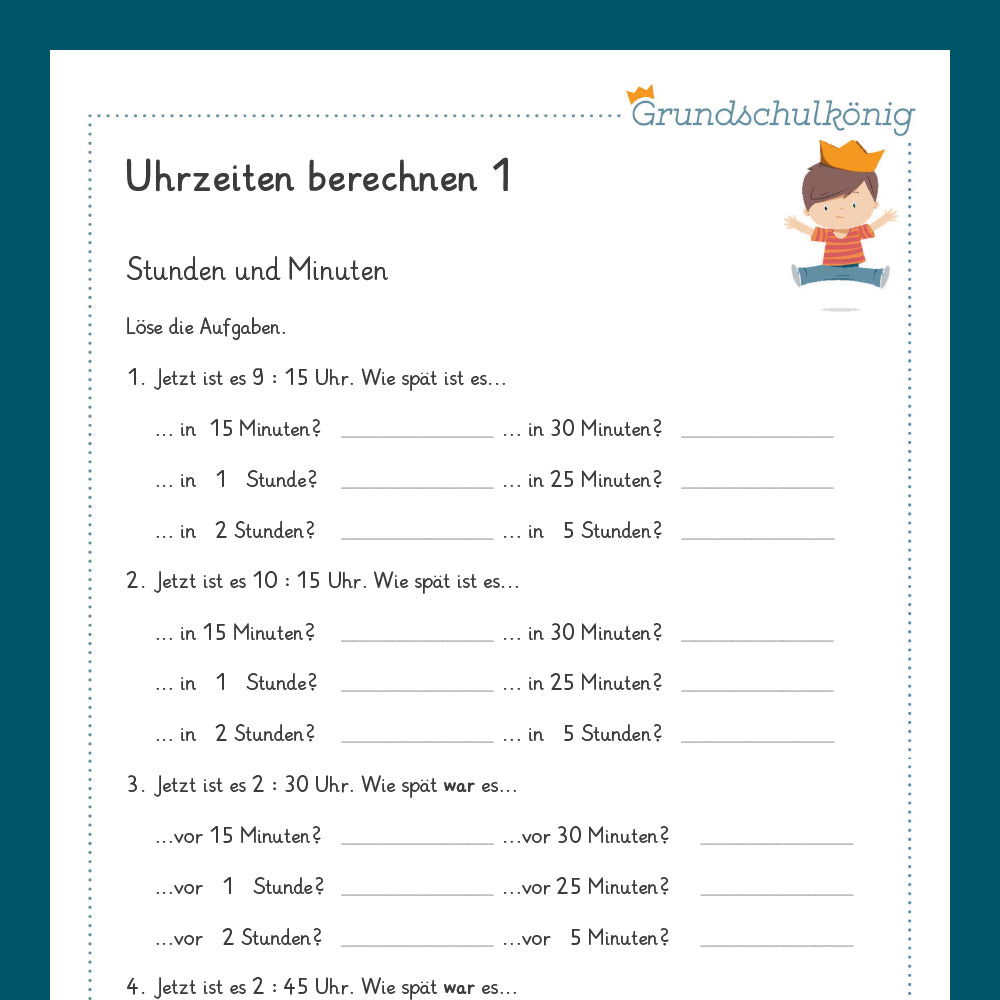 Königspaket: Uhrzeiten berechnen (Mathe, 2. Klasse) - inklusive Test