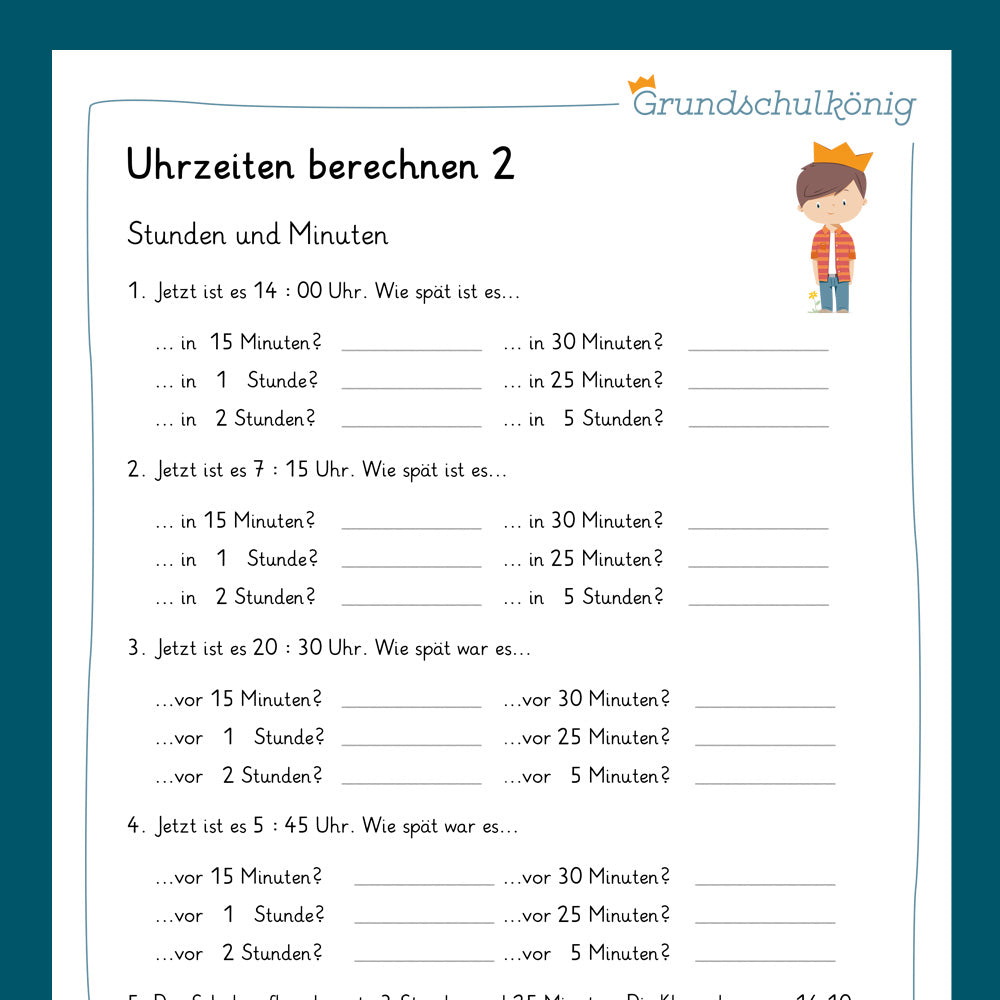 Königspaket: Uhrzeiten berechnen (Mathe, 2. Klasse) - inklusive Test