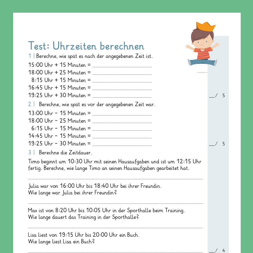 Königspaket: Uhrzeiten berechnen (Mathe, 2. Klasse) - inklusive Test