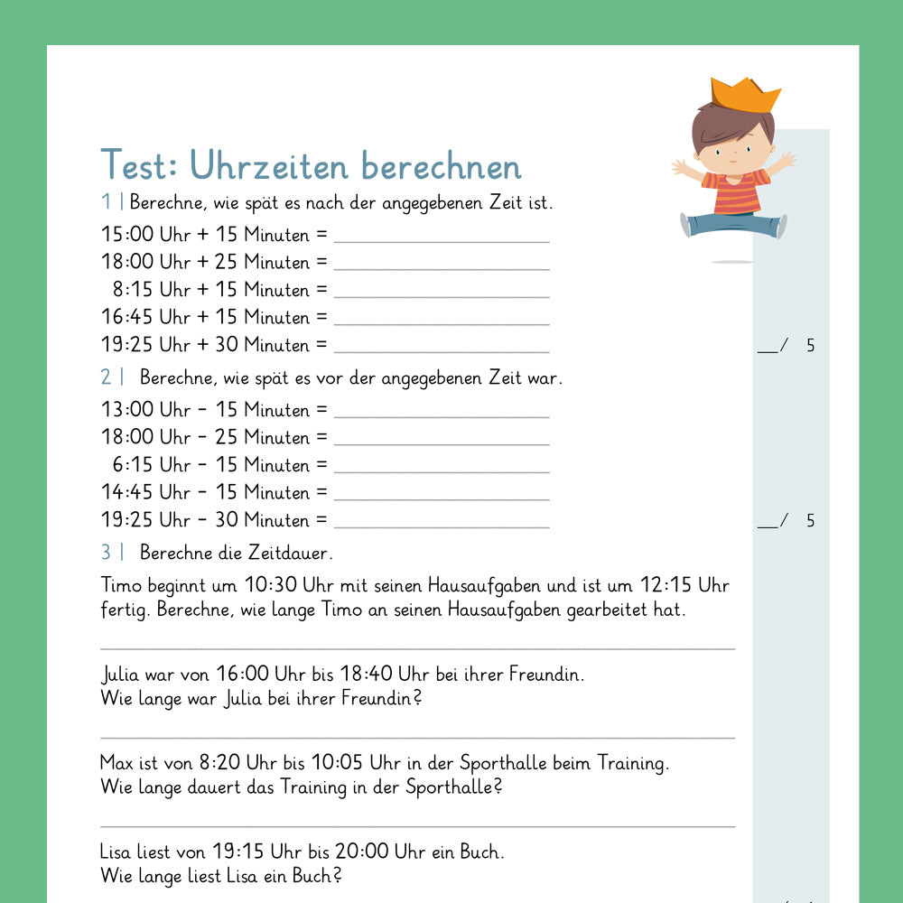 Königspaket: Uhrzeiten berechnen (Mathe, 2. Klasse) - inklusive Test