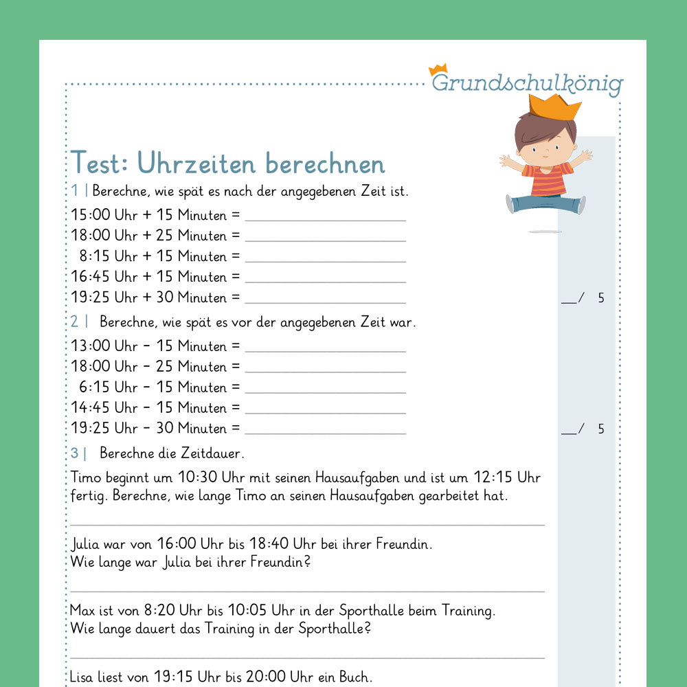 Königspaket: Uhrzeiten berechnen (Mathe, 2. Klasse) - inklusive Test