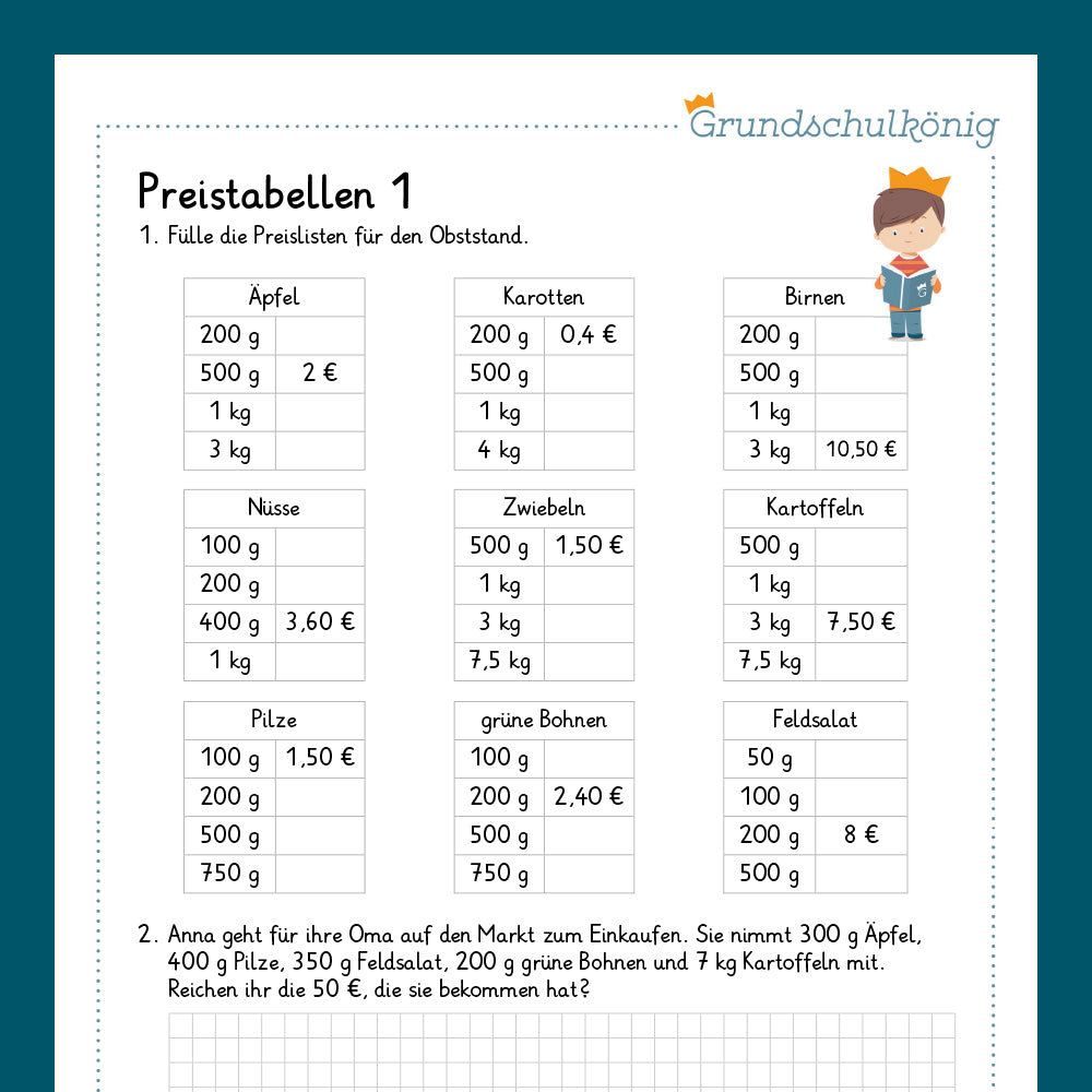 Königspaket: Preistabellen (Mathe, 4. Klasse) - inklusive Test!