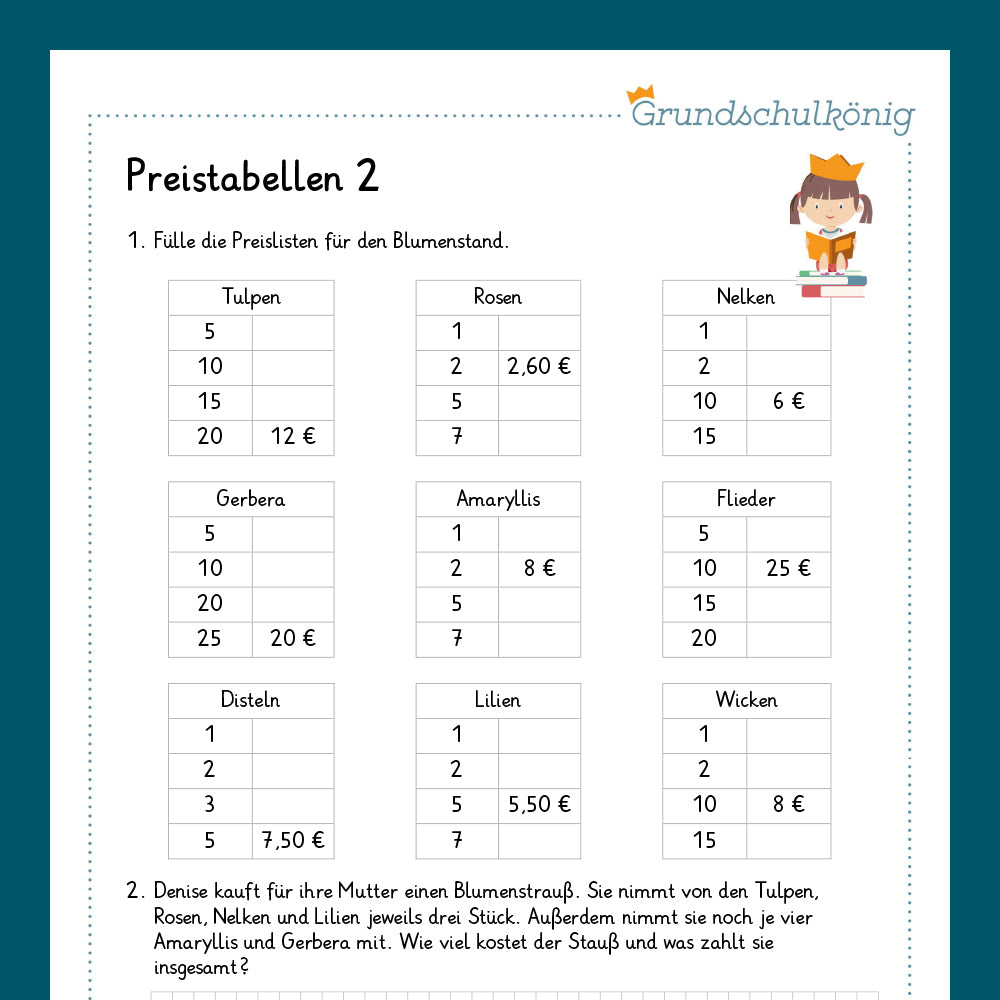 Königspaket: Preistabellen (Mathe, 4. Klasse) - inklusive Test!