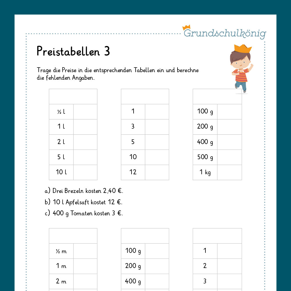 Königspaket: Preistabellen (Mathe, 4. Klasse) - inklusive Test!