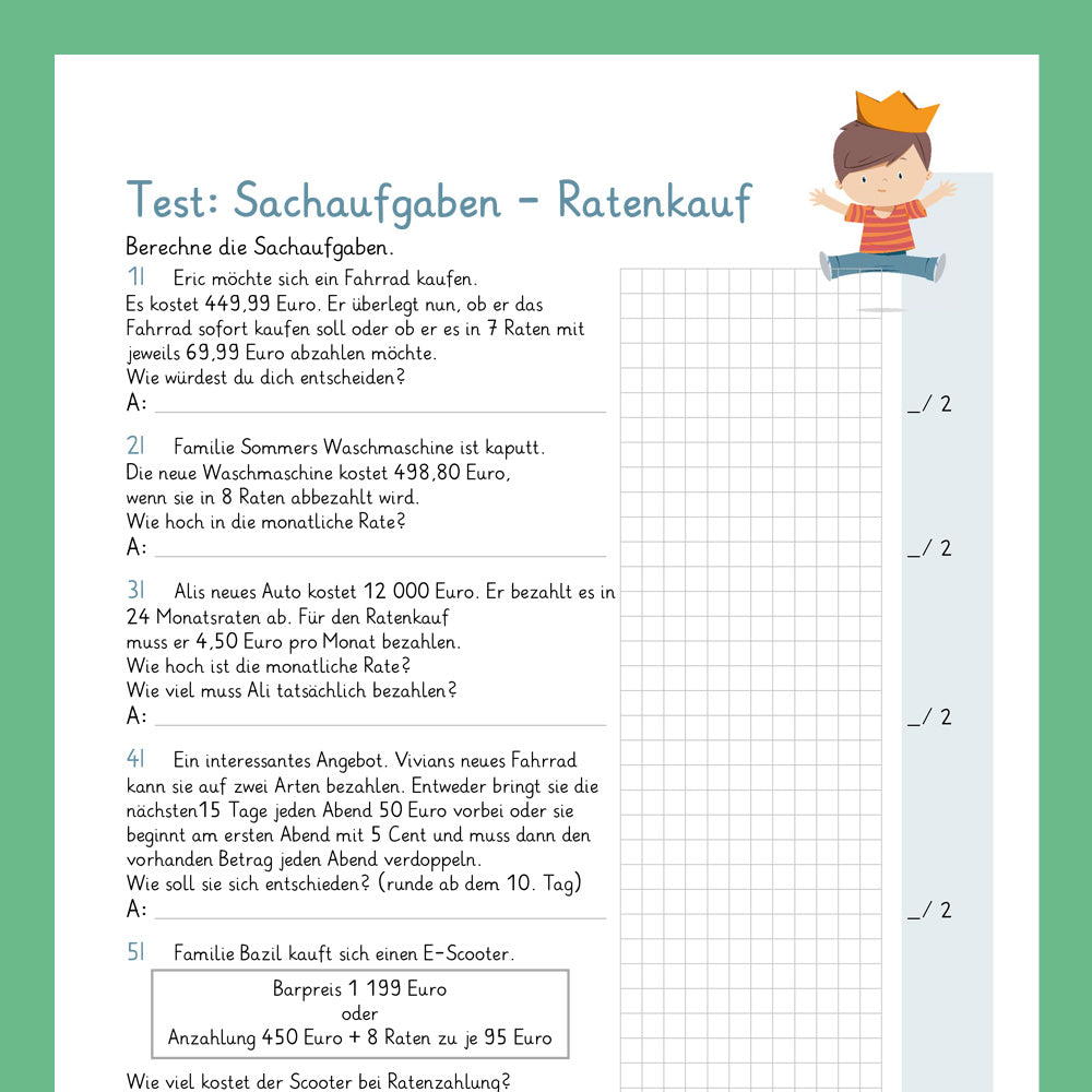 Königspaket: Sachaufgaben - Ratenkauf (Mathe, 4. Klasse) - inklusive Test