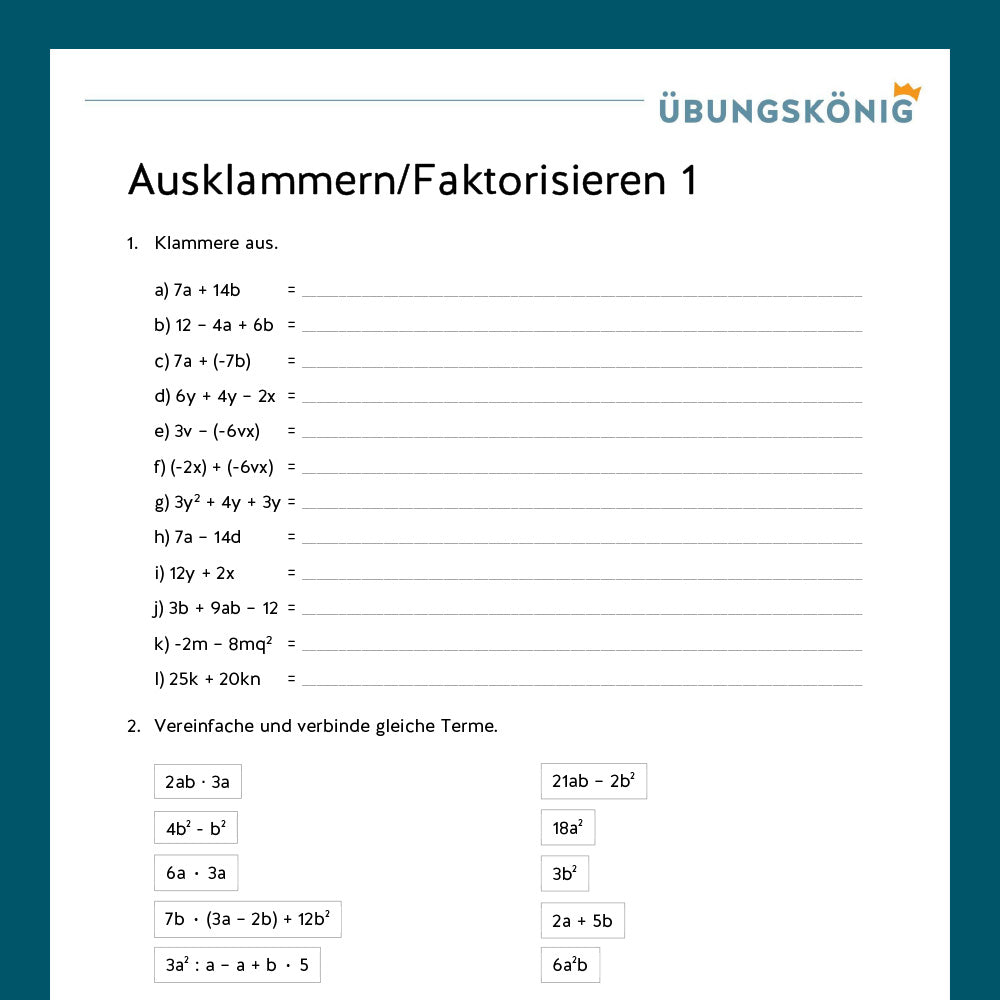 Königspaket: Faktorisieren (Mathe, 7. Klasse) - inklusive Test
