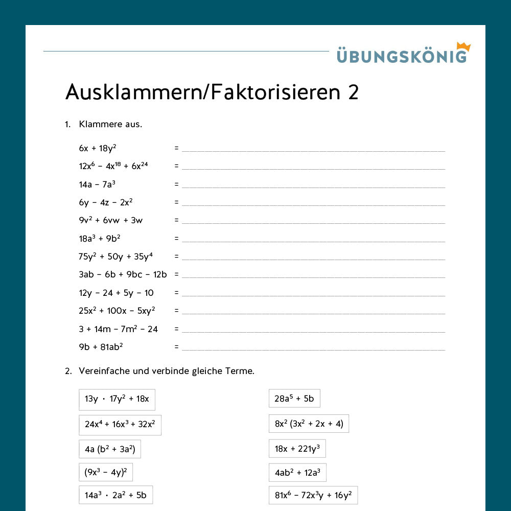 Königspaket: Faktorisieren (Mathe, 7. Klasse) - inklusive Test