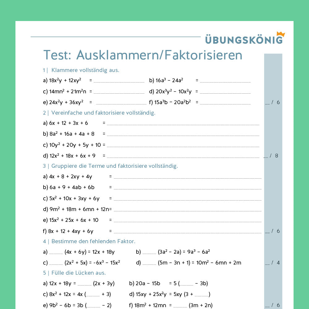 Königspaket: Faktorisieren (Mathe, 7. Klasse) - inklusive Test
