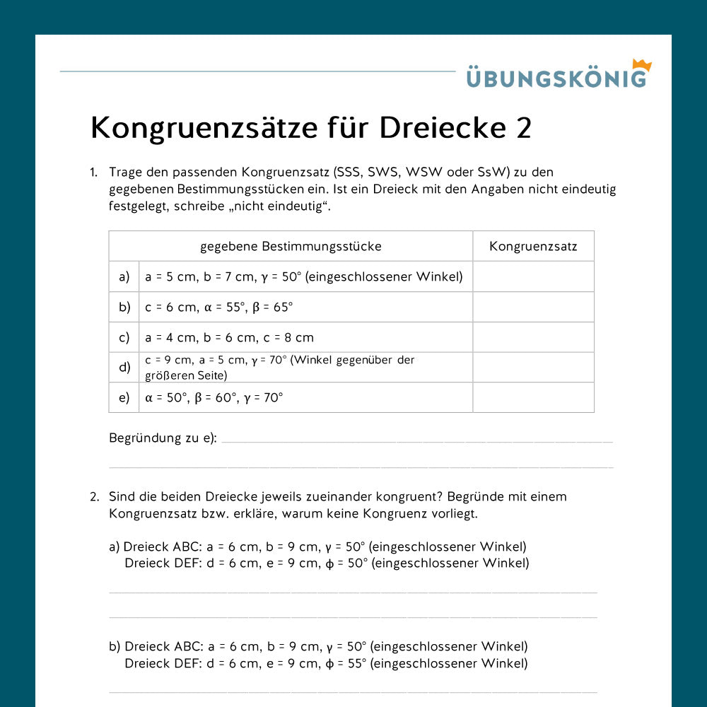 Königspaket: Kongruenzsätze für Dreiecke  (Mathe, 7. Klasse) - inklusive Test