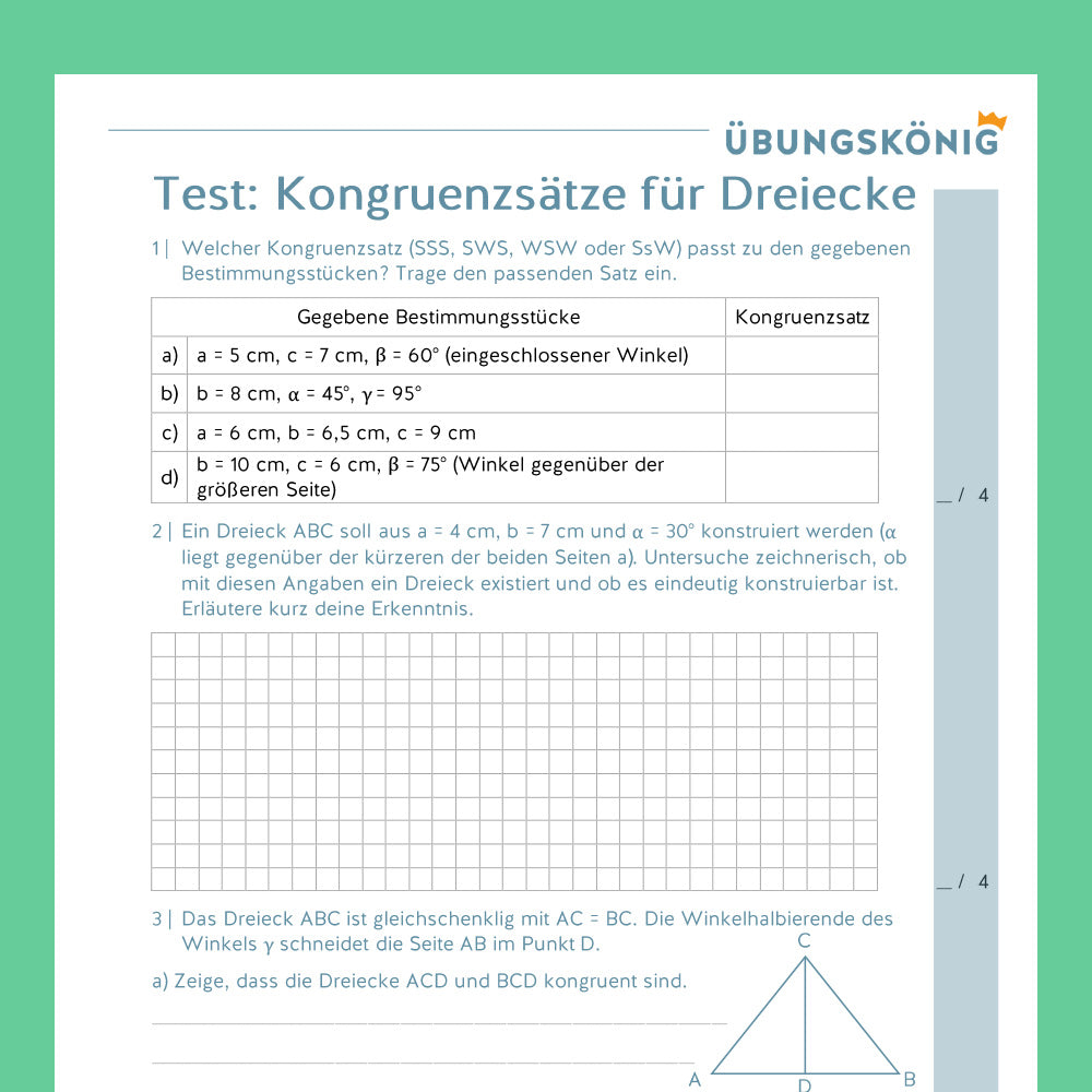 Königspaket: Kongruenzsätze für Dreiecke  (Mathe, 7. Klasse) - inklusive Test