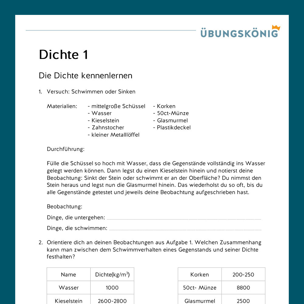Königspaket: Dichte (Physik, 7. Klasse)