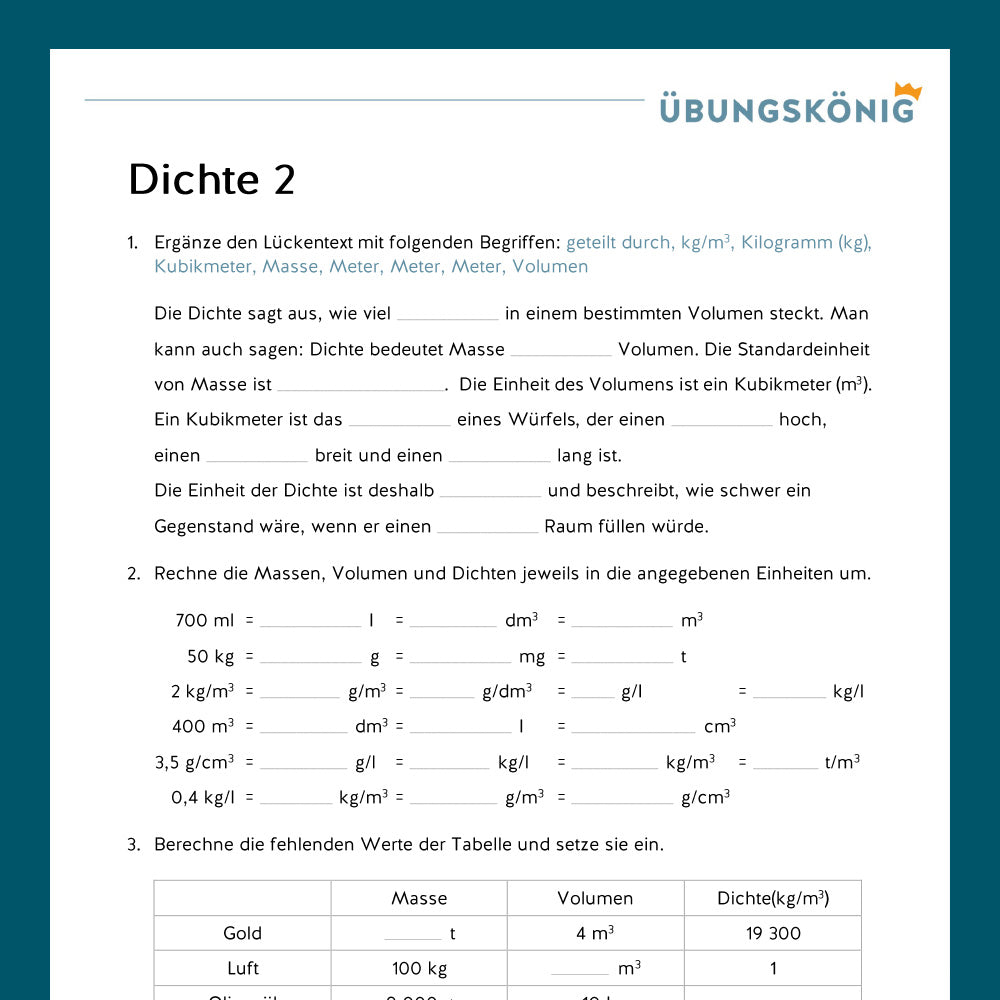Königspaket: Dichte (Physik, 7. Klasse)
