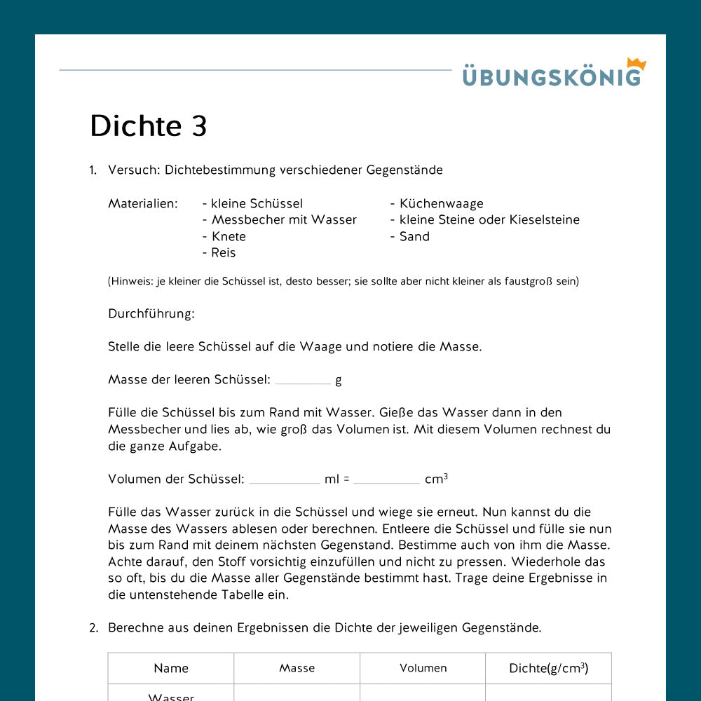 Königspaket: Dichte (Physik, 7. Klasse)