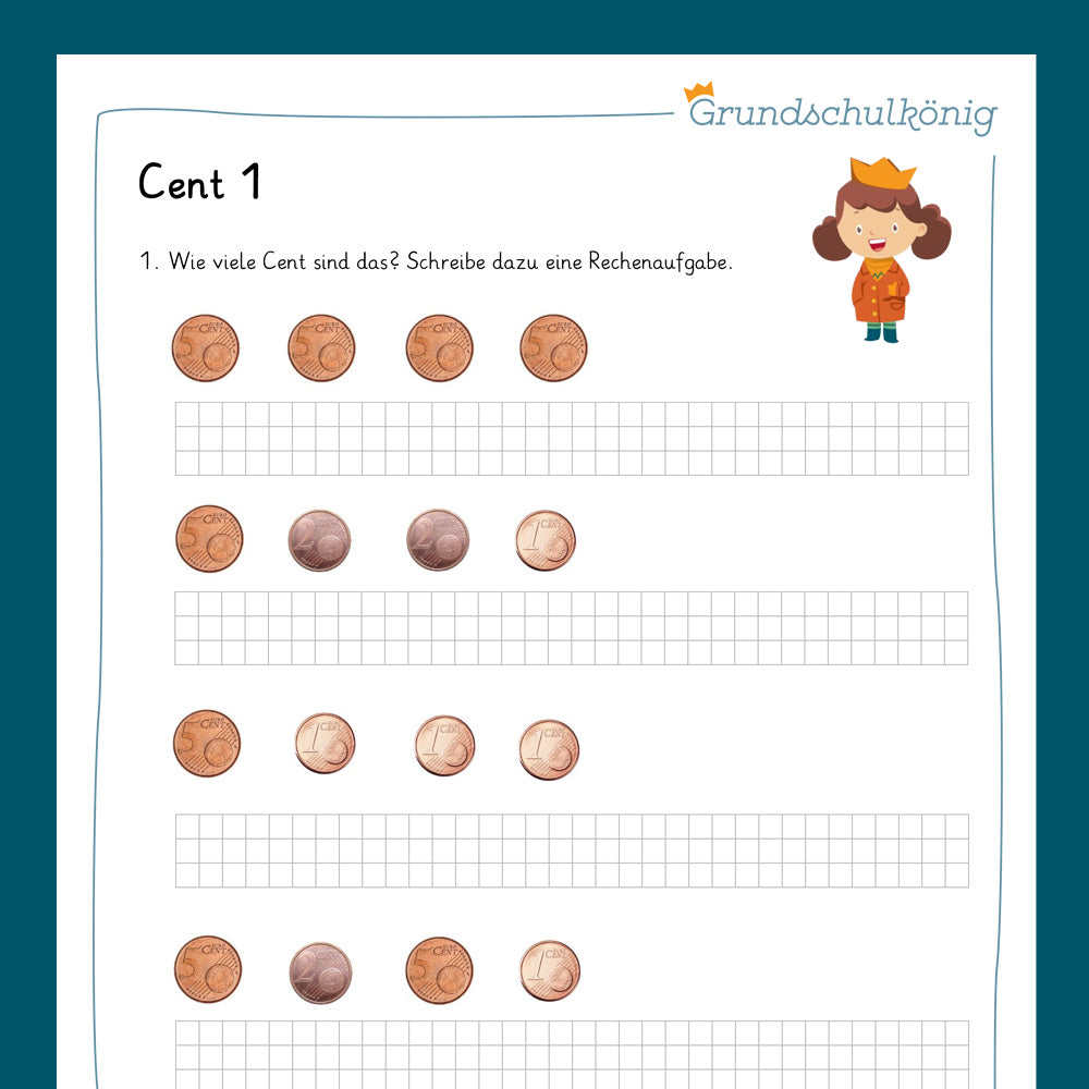 Königspaket: Euro & Cent - Rechnen mit Cent (Mathe, 1. Klasse) - inklusive Test