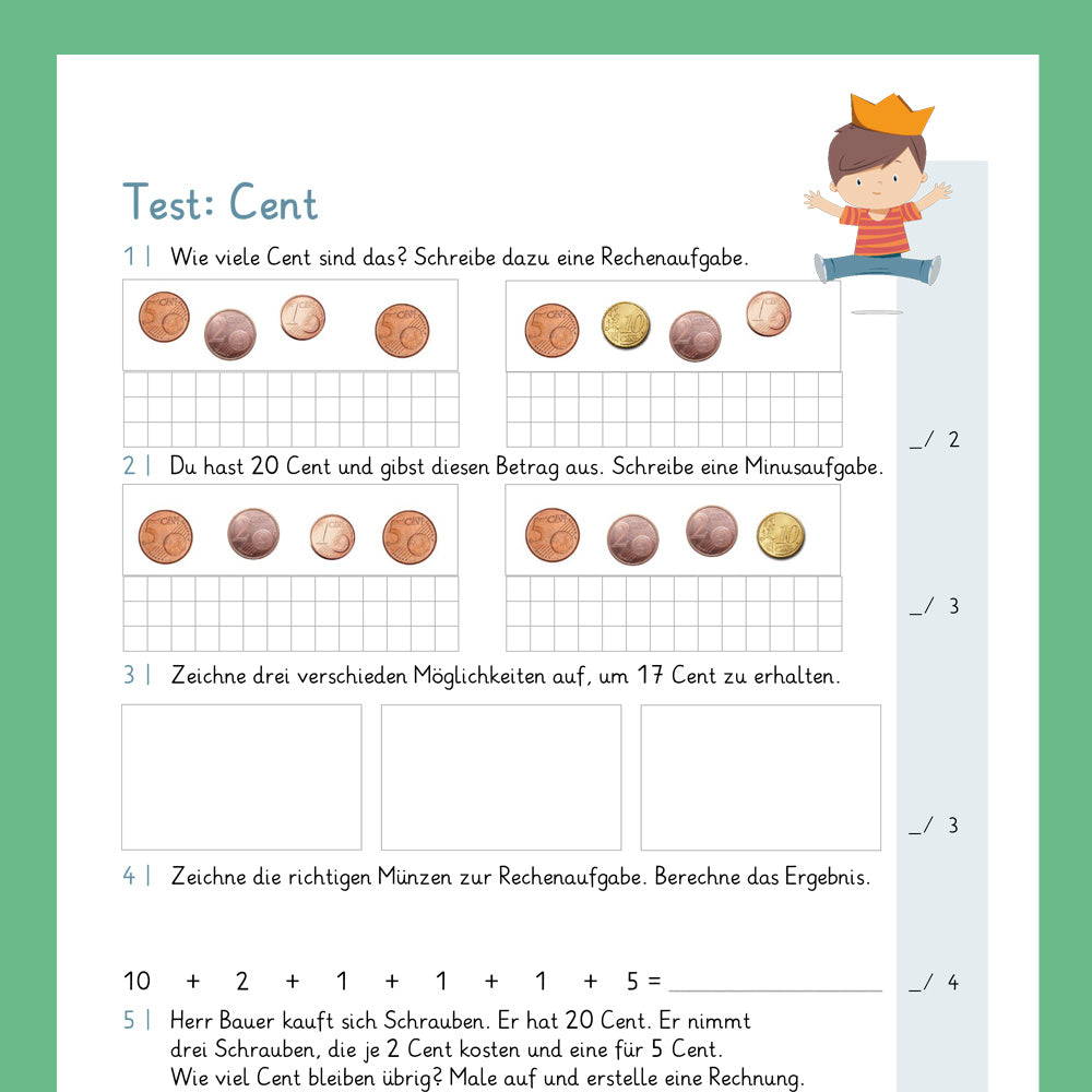 Königspaket: Euro & Cent - Rechnen mit Cent (Mathe, 1. Klasse) - inklusive Test
