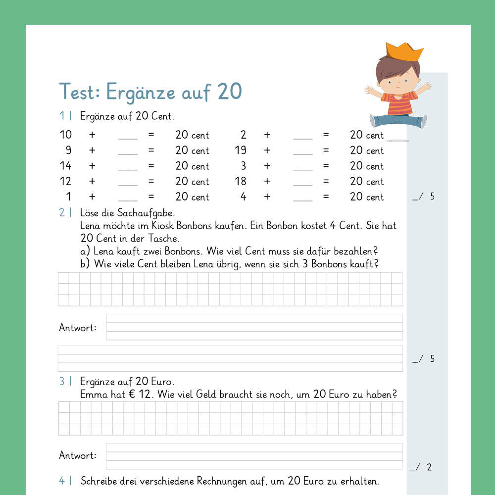 Königspaket: Euro & Cent - Ergänzen auf 20 Euro (Mathe, 1. Klasse) - inklusive Test