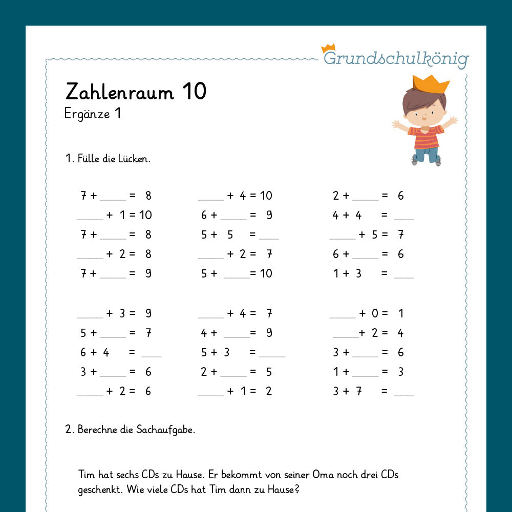 Königspaket: Ergänzen im Zahlenraum 10 (Mathe, 1. Klasse) - inklusive Test
