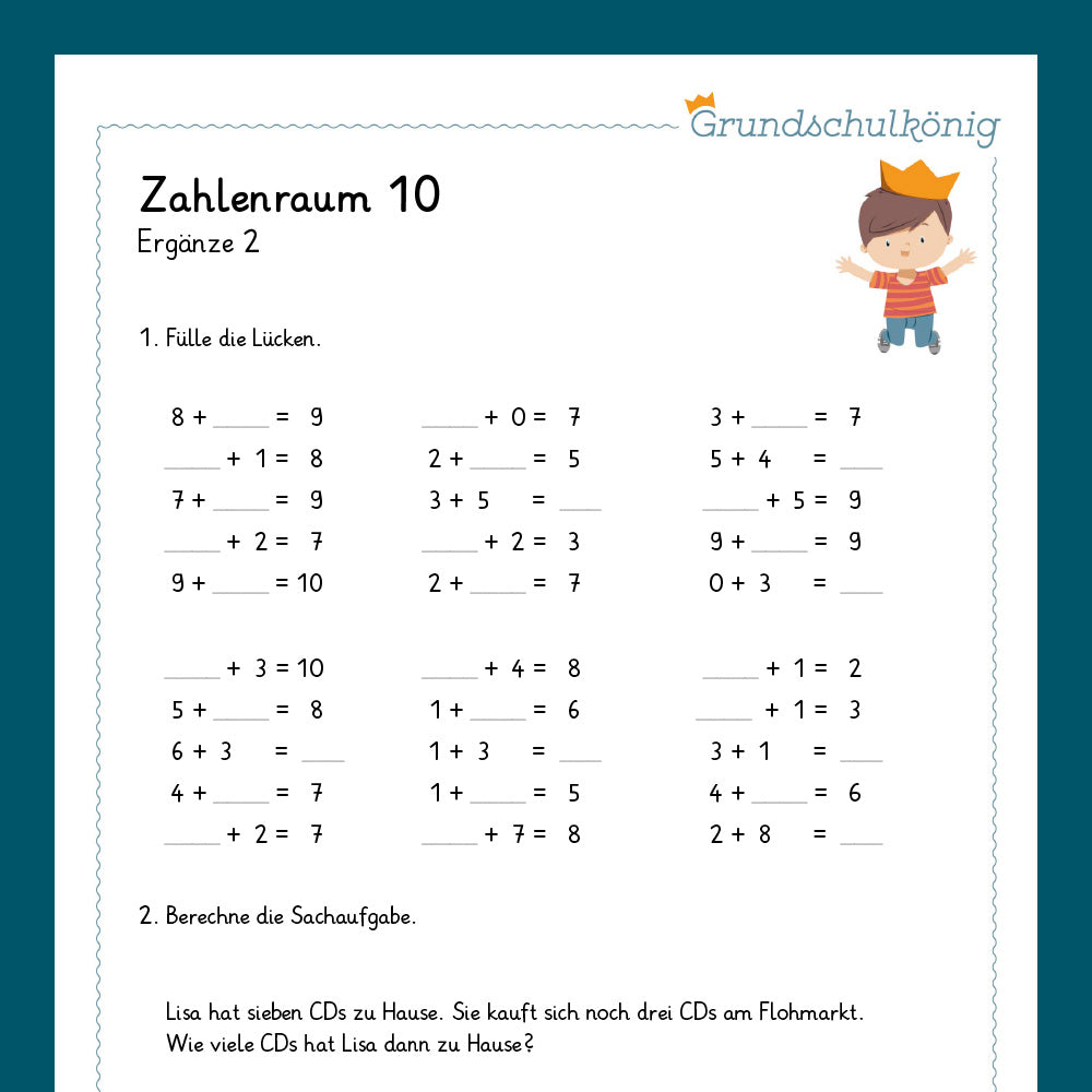 Königspaket: Ergänzen im Zahlenraum 10 (Mathe, 1. Klasse) - inklusive Test