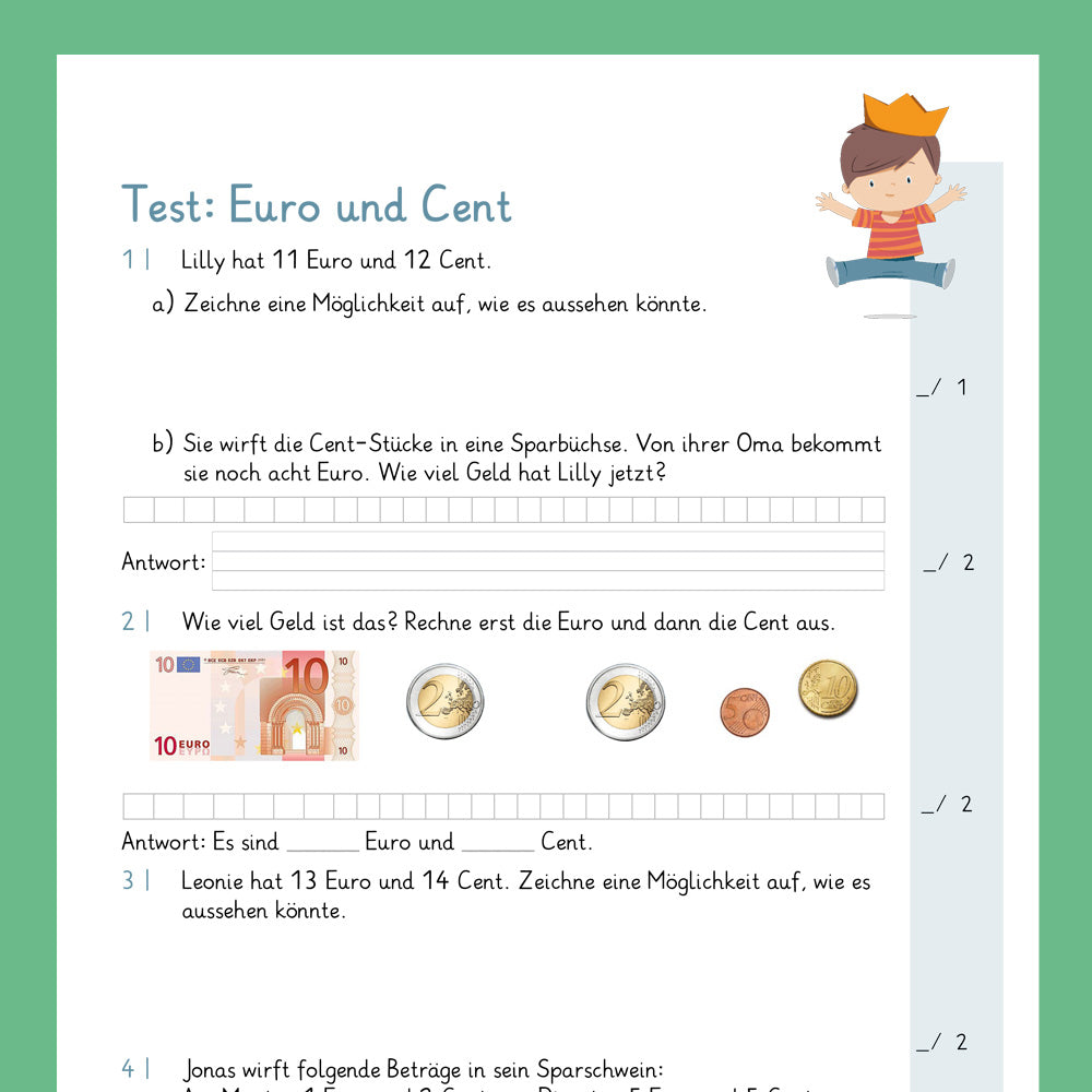 Königspaket: Rechnen mit Euro und Cent (Mathe, 1. Klasse) - inklusive Test