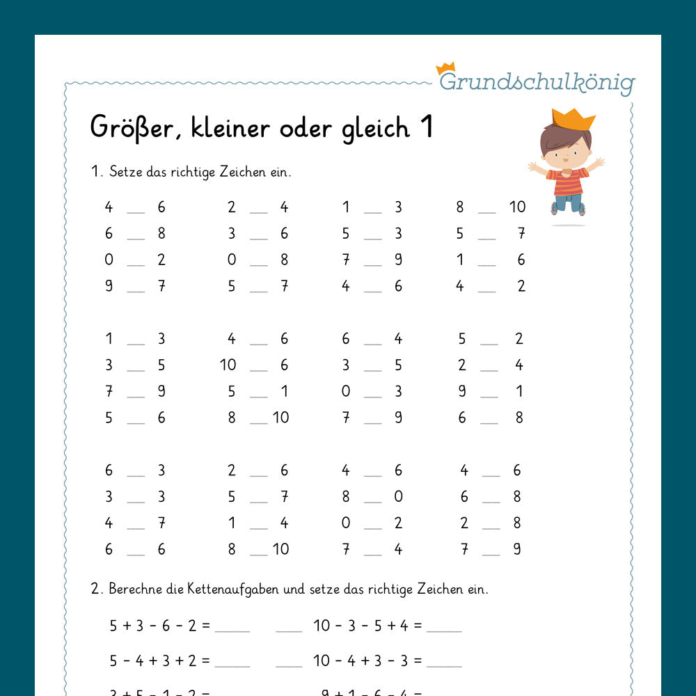 Königspaket: Größer, kleiner oder gleich? Zahlenraum 10 (Mathe, 1. Klasse) - inklusive Test