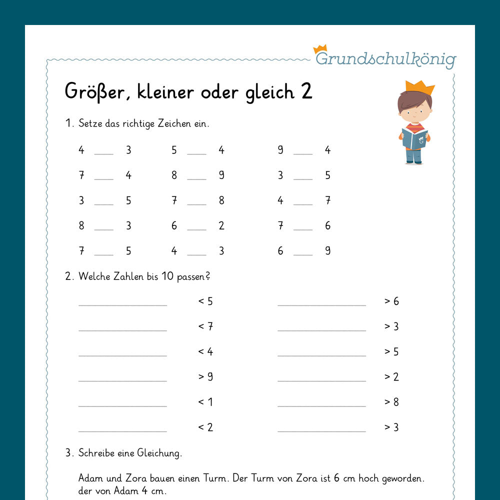 Königspaket: Größer, kleiner oder gleich? Zahlenraum 10  (Mathe, 1. Klasse) - inklusive Test