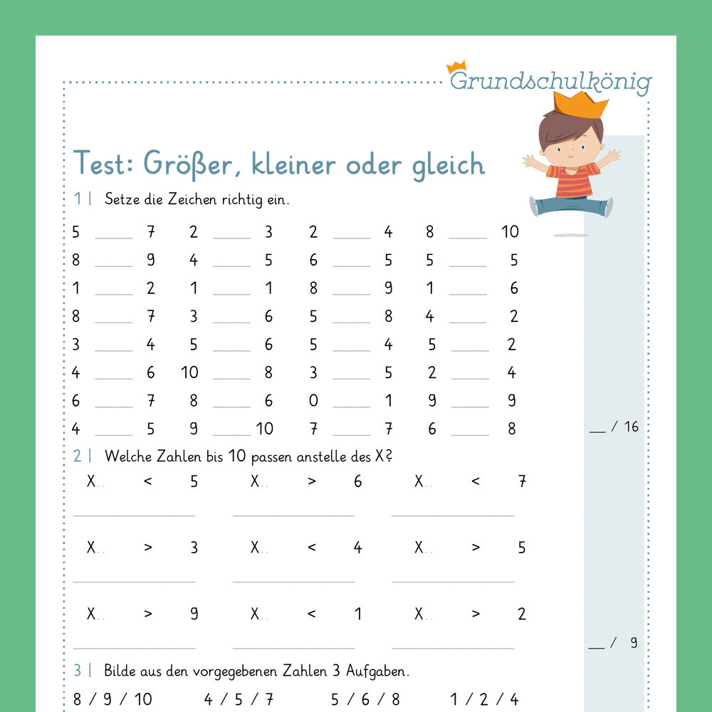 Königspaket: Größer, kleiner oder gleich? im Zahlenraum 10 (Mathe, 1. Klasse) - inklusive Test