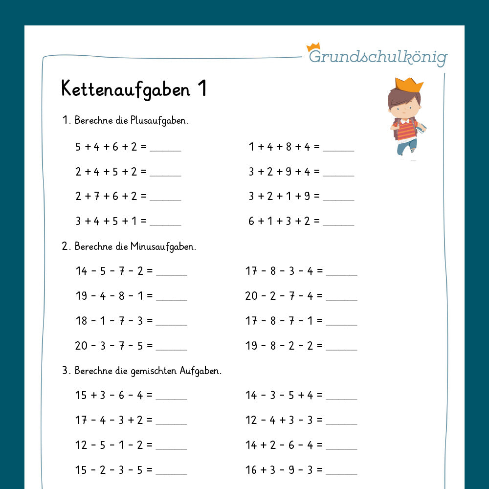 Königspaket: Kettenaufgaben im Zahlenraum 20 (Mathe, 1. Klasse) - inklusive Test