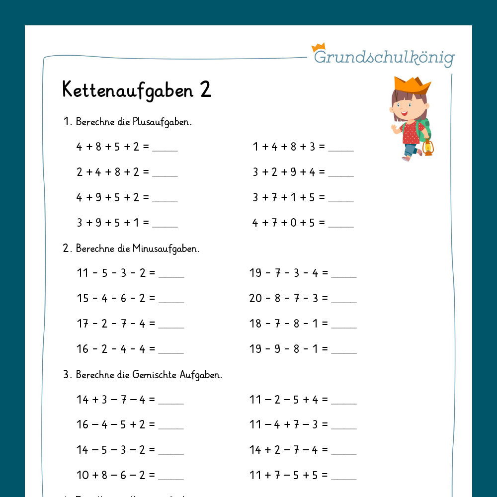 Königspaket: Kettenaufgaben im Zahlenraum 20 (Mathe, 1. Klasse) - inklusive Test