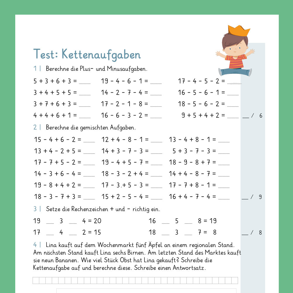 Königspaket: Kettenaufgaben im Zahlenraum 20 (Mathe, 1. Klasse) - inklusive Test