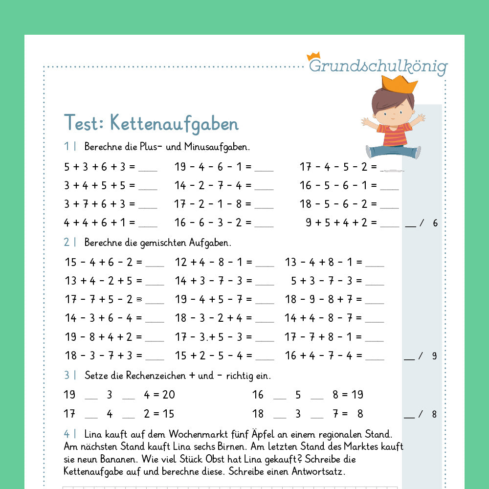 Königspaket: Kettenaufgaben im Zahlenraum 20 (Mathe, 1. Klasse) - inklusive Test