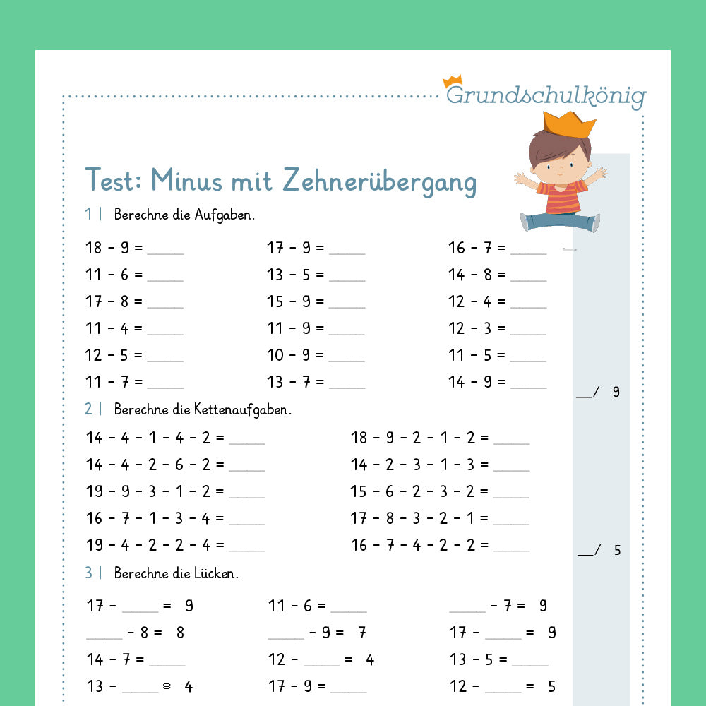 Königspaket: Subtraktion mit Zehnerübergang im ZR 20 (Mathe, 1. Klasse) - mit Test