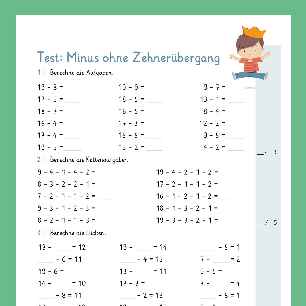 Königspaket: Subtraktion ohne Zehnerübergang im ZR 20 (Mathe, 1. Klasse) - inklusive Test