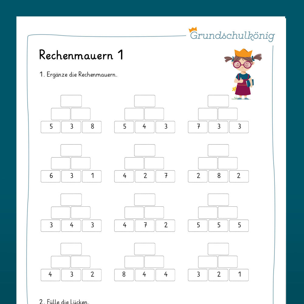 Königspaket: Zahlenmauern mit gemischten Aufgaben im ZR 20 (Mathe, 1. Klasse) - inklusive Test