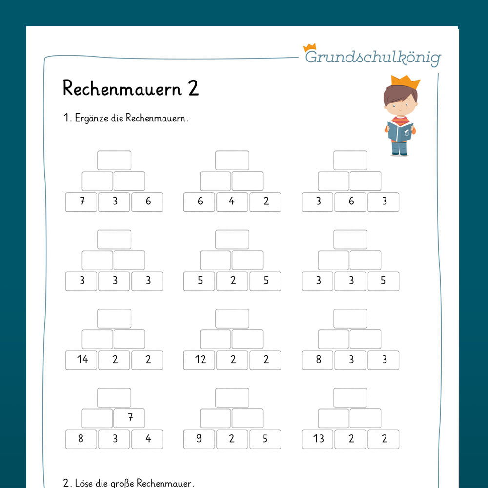 Königspaket: Zahlenmauern mit gemischten Aufgaben im ZR 20 (Mathe, 1. Klasse) - inklusive Test