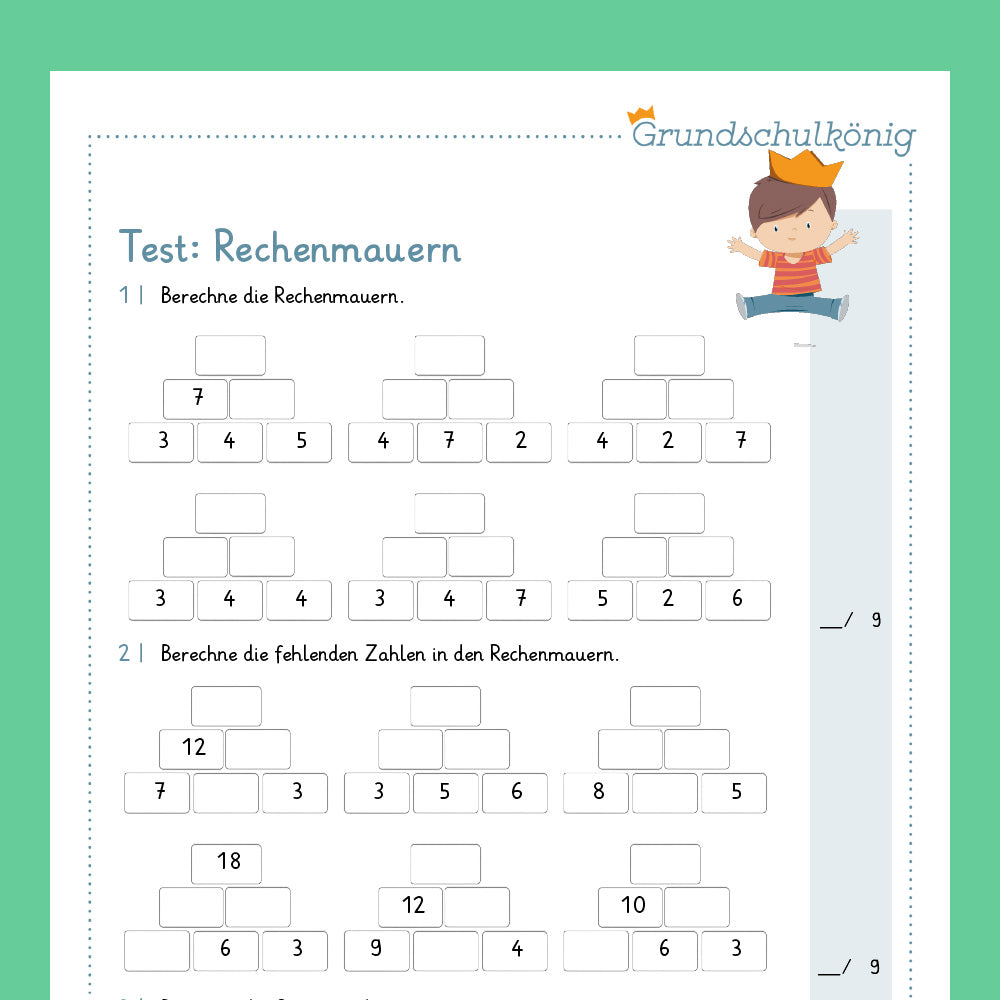 Königspaket: Zahlenmauern mit Lücken im ZR 20 (Mathe, 1. Klasse) - inklusive Test