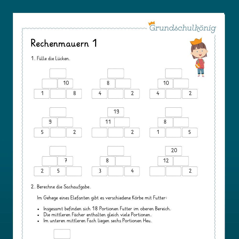 Königspaket: Zahlenmauern mit Lücken im ZR 20 (Mathe, 1. Klasse) - inklusive Test