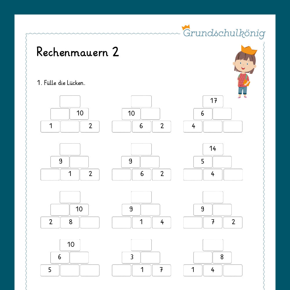 Königspaket: Zahlenmauern mit Lücken im ZR 20 (Mathe, 1. Klasse) - inklusive Test