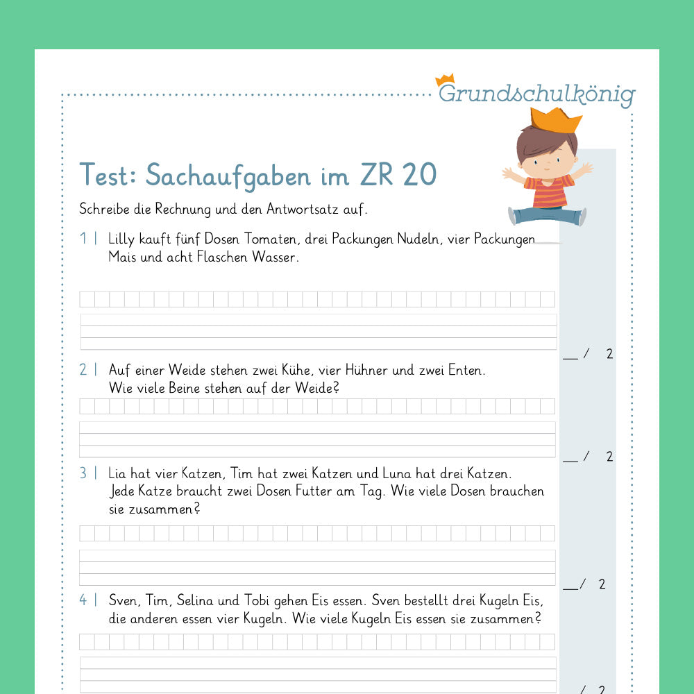 Königspaket: Sachaufgaben Zahlenraum 20 (Mathe, 1. Klasse) - inklusive Test