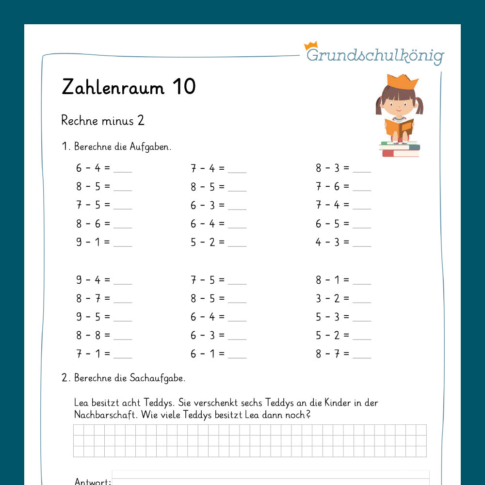 Königspaket: Subtraktion im Zahlenraum 10 (Mathe, 1. Klasse) - inklusive Test