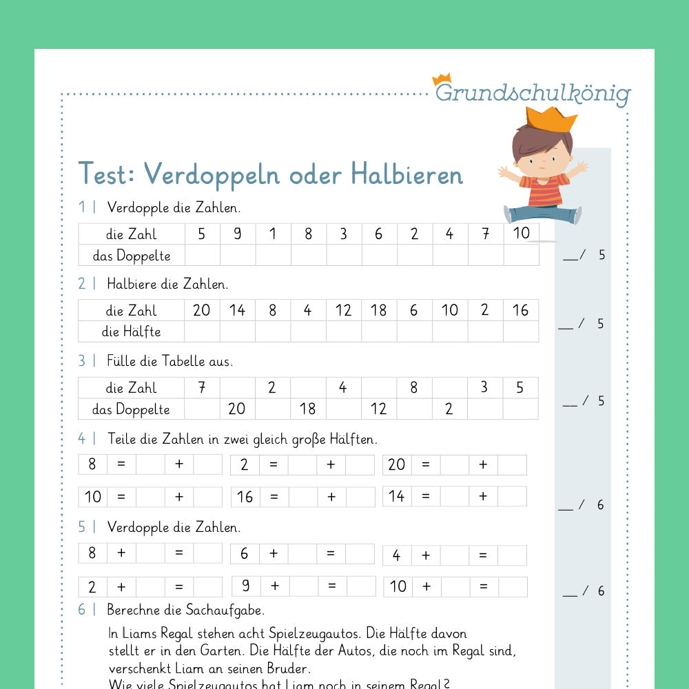 Königspaket: Verdoppeln & Halbieren (Mathe, 1. Klasse) - inklusive Test