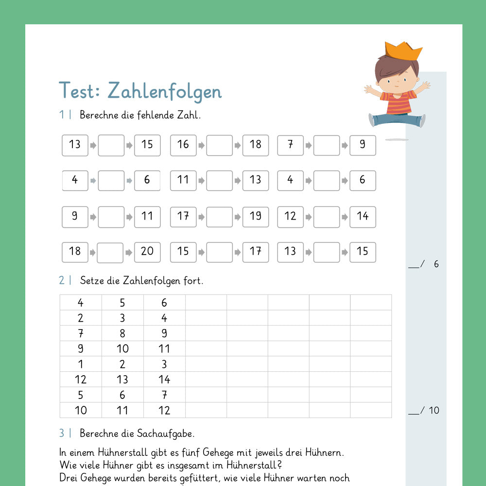 Königpaket: Zahlenfolgen im Zahlenraum 20 (Mathe, 1. Klasse) - inklusive Test