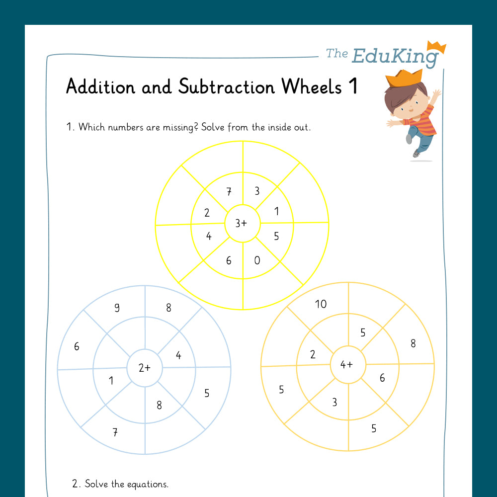 Master Bundle: Addition and Subtraction Wheels with Two Digit Numbers within 10 (Math, Grade 1) - including a Test