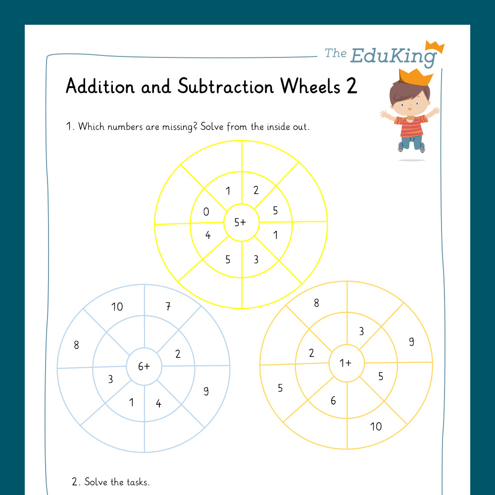 Master Bundle: Addition and Subtraction Wheels with Two Digit Numbers within 10 (Math, Grade 1) - including a Test