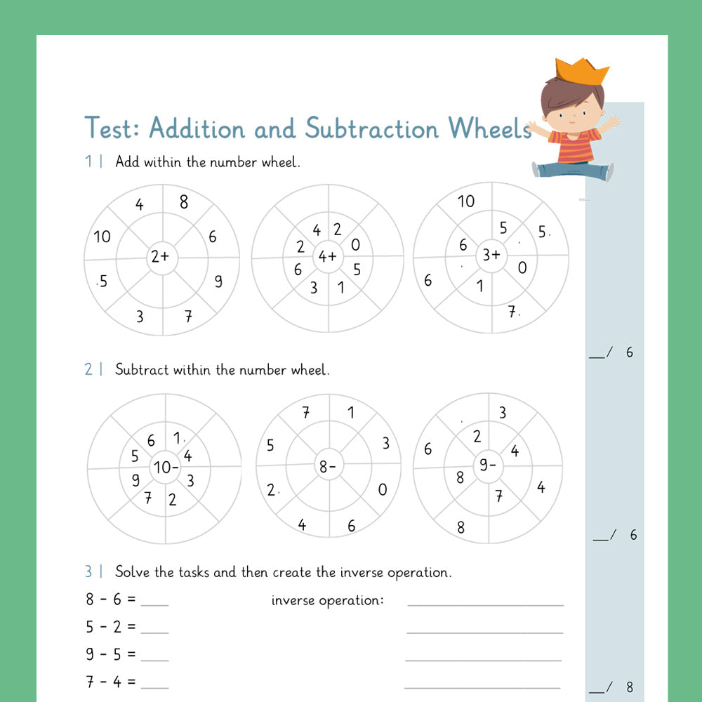 Master Bundle: Addition and Subtraction Wheels with Two Digit Numbers within 10 (Math, Grade 1) - including a Test