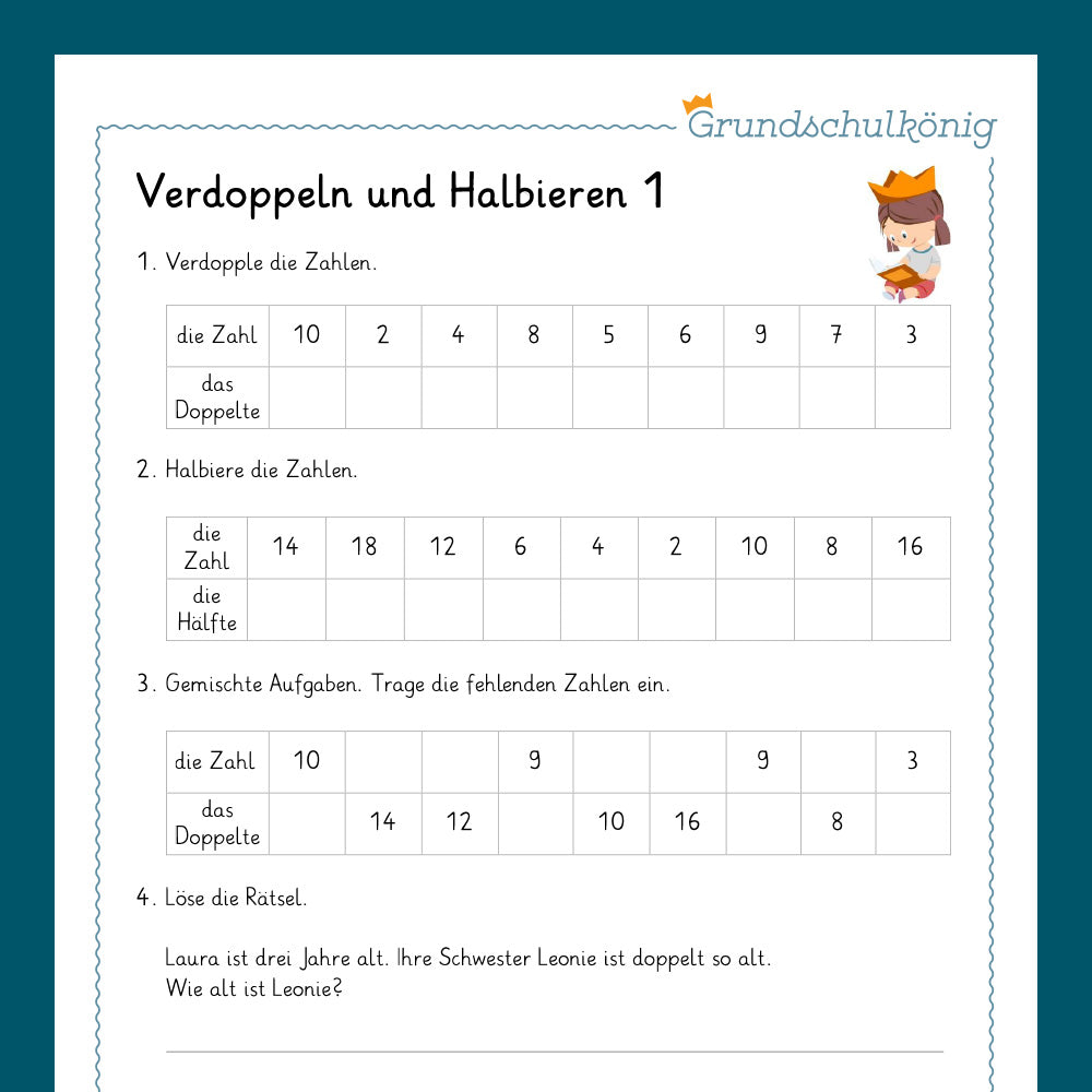 Königspaket: Verdoppeln und Halbieren (Mathe, 1. Klasse) - inklusive Test