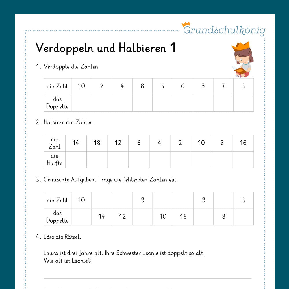 Königspaket: Verdoppeln und Halbieren (Mathe, 1. Klasse) - inklusive Test