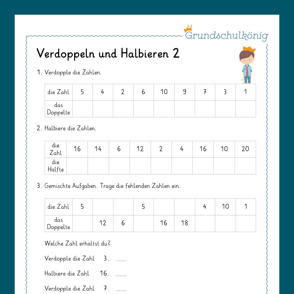 Königspaket: Verdoppeln und Halbieren (Mathe, 1. Klasse) - inklusive Test